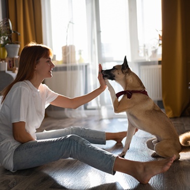 a woman interacting with her dog