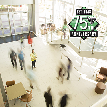 IMAGE: Looking down on lobby with Texell's 75th Anniversary logo