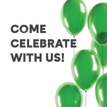 IMAGE: Green balloons with text Come celebrate with us!