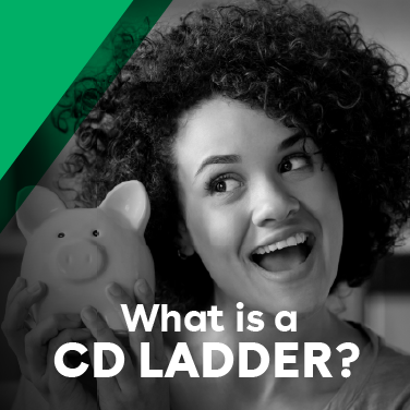 IMAGE: Woman smiling while holding a piggy bank with text What is a CD Ladder?