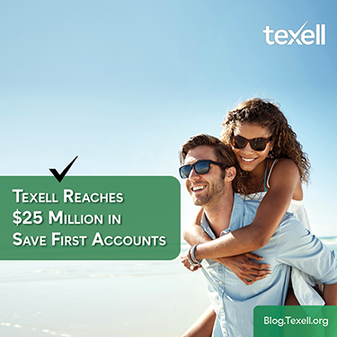 IMAGE: Woman riding piggy-back with man on the beach with text Texell Reaches $25 Million in Save First Accounts