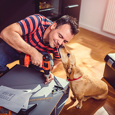 IMAGE: Man working on home improvements with dog giving him a kiss