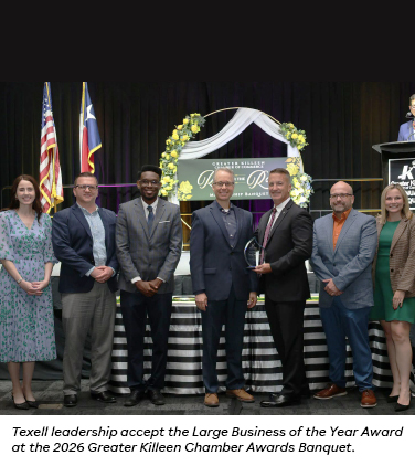 IMAGE with caption: Texell leadership accept the Large Business of the Year Award at the Greater Killeen Chamber Awards Banquet.